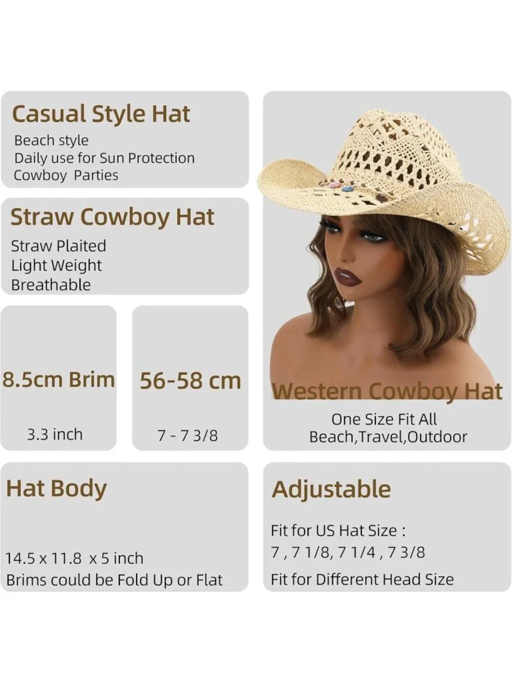 Men's Beige-m25 Straw Adjustable Wide Brim Sun Beach Western Cowgirl Cowboy Hat
